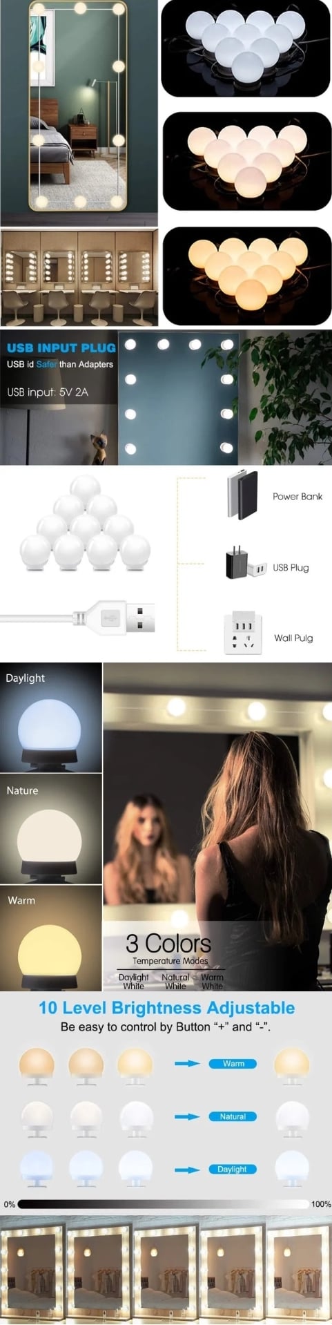 Meikkipeilin LED-lamput, 10 kpl | Tarjous -60 %