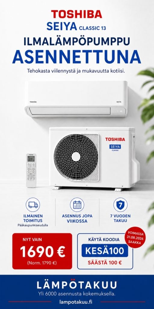 Toshiba Seiya Classic 13 ilmalämpöpumppu asennettuna pääkaupunkiseudulla – energiatehokas lämmitys ja viilennys kotiin
