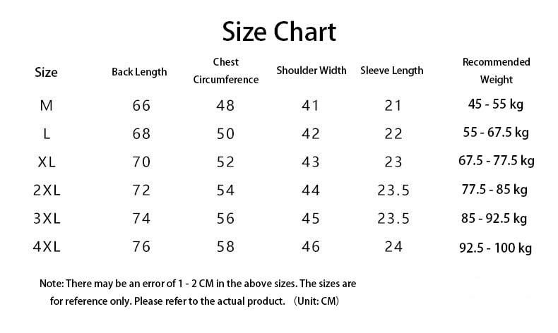 t-paita kokotaulukko